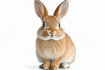 Cute light brown rabbit with upright ears sitting and looking forward against a white background