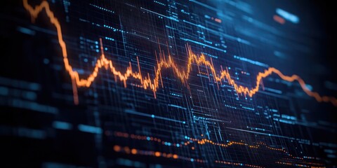 Digital financial data visualization featuring fluctuating orange line charts overlaid on a blue futuristic interface representing market trends and analytics