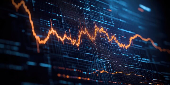 Digital financial data visualization featuring fluctuating orange line charts overlaid on a blue futuristic interface representing market trends and analytics