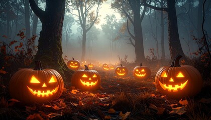 Spooky Halloween Forest with Glowing Jack-o’-Lantern Pumpkins in Foggy Night Atmosphere