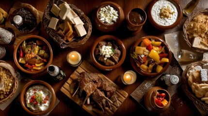 Delectable feast featuring diverse dishes rustic table food photography warm atmosphere bird's eye view culinary delight
