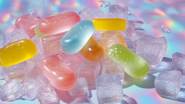 Colorful Hard Candies on Ice Cubes with a Pastel Background and Rainbow Reflection