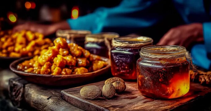 A vendor arranging jars of golden treacle and jaggery in a rural market stall