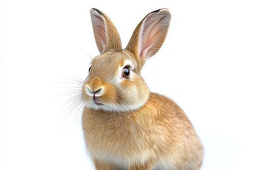 Close-up of a brown rabbit with large ears and soft fur looking curiously against a white background