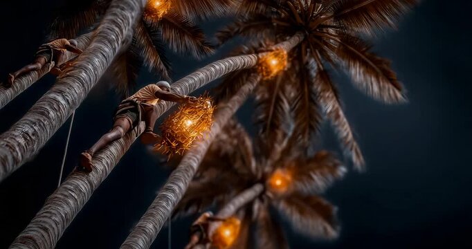 A nighttime scene of tappers climbing palms with lanterns for early-morning tapping