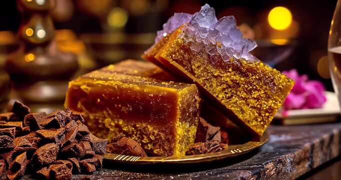 A close-up macro of crystals forming on traditional jaggery blocks