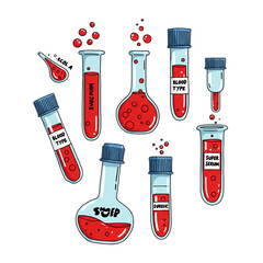 A collection of cartoon-style laboratory glassware, including test tubes and flasks, filled with bubbling red liquid for scientific experiments and medical analysis.