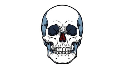 Fototapeta premium Detailed Skull Illustration with Blue and Red Accents on White.