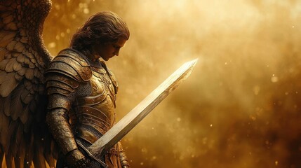 A solemn armored angelic figure with large wings holds a sword in a glowing, golden light-filled environment