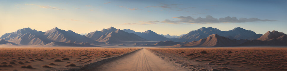 Fototapeta premium Rural Road Leading to Distant Cityscape at Sunset: Panoramic Landscape Photography transparent background png