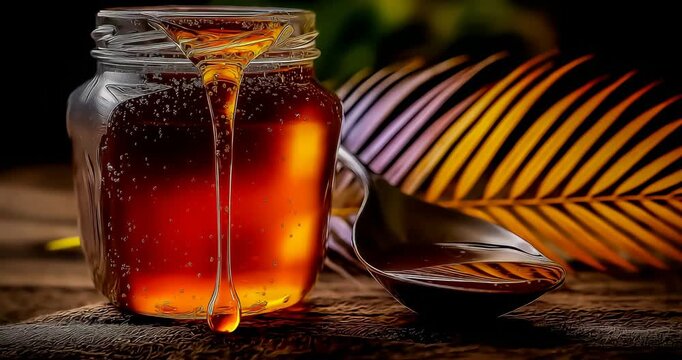 A packshot-style image of a clean jar of treacle beside a spoon and fresh palm fronds