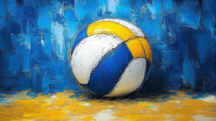 Close-up of a blue, white, and yellow volleyball resting on textured yellow and blue surface with artistic brushstroke effect