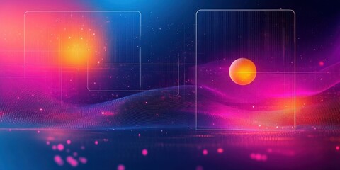 Abstract digital landscape with flowing neon waves, glowing spheres, and translucent rectangles in vibrant blue, pink, and orange hues creating futuristic atmosphere