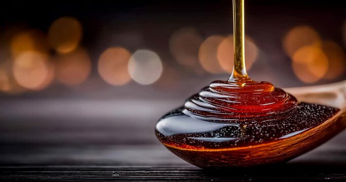 Macro texture study of pure treacle flowing across a spoon with high gloss highlights