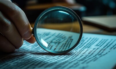 Fototapeta premium Hand holding magnifying glass over printed text on paper highlighting magnified words in focused study scene