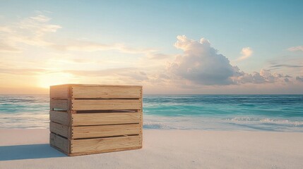 Wooden crate placed on smooth sandy beach near calm ocean under partly cloudy sky during sunrise or sunset