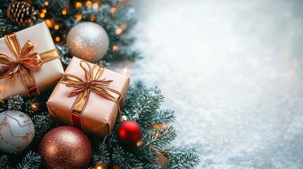 Festive Christmas scene with wrapped gifts, sparkling baubles, pinecones, and evergreen branches dusted with snow creating a warm holiday atmosphere
