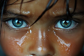 Close-up of intense blue eyes with wet skin and water droplets on a face, conveying strong emotion and focus