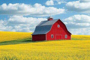 Bright red barn situated in a vast yellow flowering field under a partly cloudy sky evoking a peaceful rural landscape