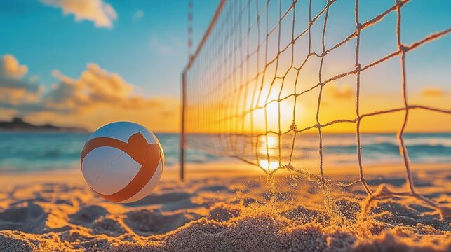 Volleyball on sandy beach near net during sunset with golden sky and ocean in the background