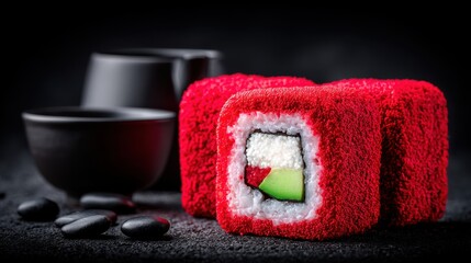 Vibrant sushi roll presentation gourmet restaurant food photography dark setting close-up culinary art