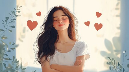 Young woman with long dark hair standing with arms crossed and eyes closed, surrounded by red heart shapes and leafy plants, radiating calm and happiness