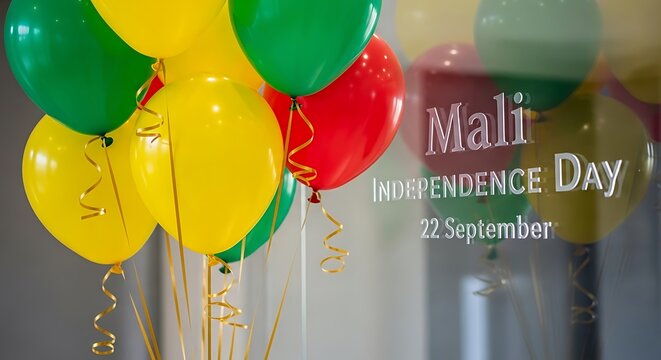 Mali Independence Day Celebration: Balloons in National Colors, 22 September. - Powered by Adobe