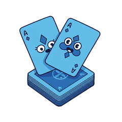 Two cartoon-style blue playing cards, both aces, are fanned out on top of a deck of cards against a black background, featuring cute anthropomorphic faces.
