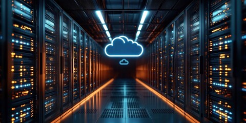 Interior view of a futuristic data center corridor with illuminated server racks and glowing cloud icons symbolizing cloud computing and data storage technology