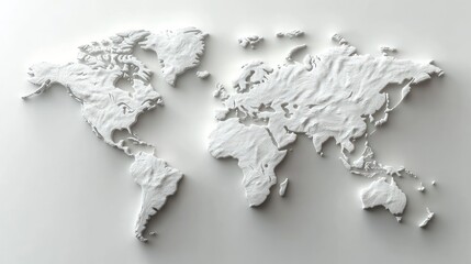 Three-dimensional white textured world map with visible continents on a light background