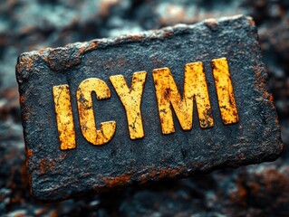close-up of rusty metal block with bold yellow letters ICYMI on rough textured surface