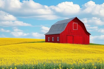 Obraz premium Bright red barn standing alone in a vibrant yellow flowering field under a blue sky with fluffy white clouds