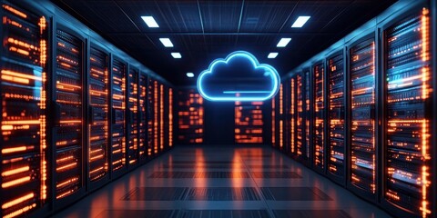 Futuristic data center hallway illuminated with orange lights on server racks and a glowing blue neon cloud icon symbolizing cloud computing in a modern tech environment