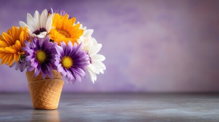 Vibrant floral arrangement in ice cream cone studio setting photography soft pastel background creative concept