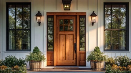 Cozy wooden front door surrounded by white siding, flanked by two windows with reflections of greenery and framed by lantern-style wall lights and potted plants