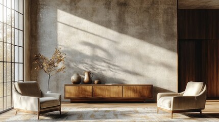 Sunlit modern living room with two beige armchairs facing a wooden low cabinet adorned with rustic pottery and a dried branch in a vase by large window casting shadows on textured wall