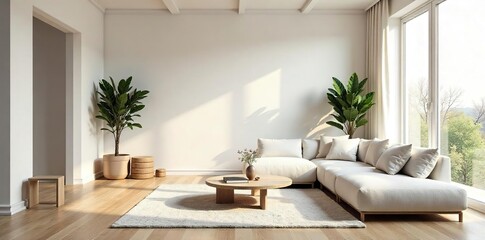Fototapeta premium Serene minimalist living room featuring a neutral color palette, simple furniture, and natural light streaming through large windows, creating a calm and airy atmosphere , Scandinavian, serene
