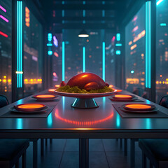 Roasted turkey on a platter in a futuristic dining room