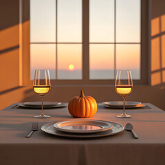 Romantic sunset dinner table setting with wine and pumpkin