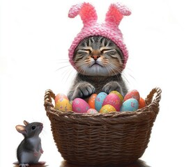 playful kitten wearing pink bunny ears hat sitting in a wicker basket filled with colorful decorated Easter eggs while a curious mouse looks up at the basket