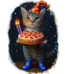 A cute tabby cat wearing a red and orange party hat and blue boots holding a pepperoni pizza with two lit birthday candles in a festive setting with colorful confetti