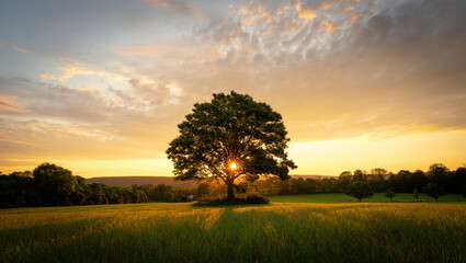 A solitary tree stands in a sun-drenched field.