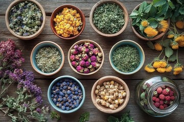 Variety of dried herbs, flowers, and berries in bowls and jars arranged on wooden surface with fresh yellow flowers and purple herbs beside them