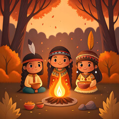Three Cartoon Native American Children by a Campfire