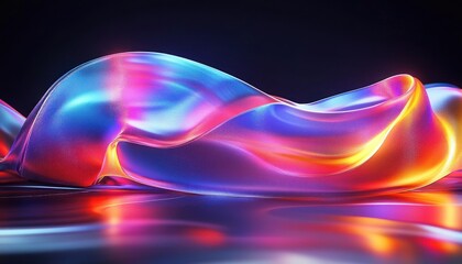 Smooth translucent fabric with glowing vibrant colors in shades of blue, purple, pink, orange, and red, creating a luminous abstract wave form on a reflective surface