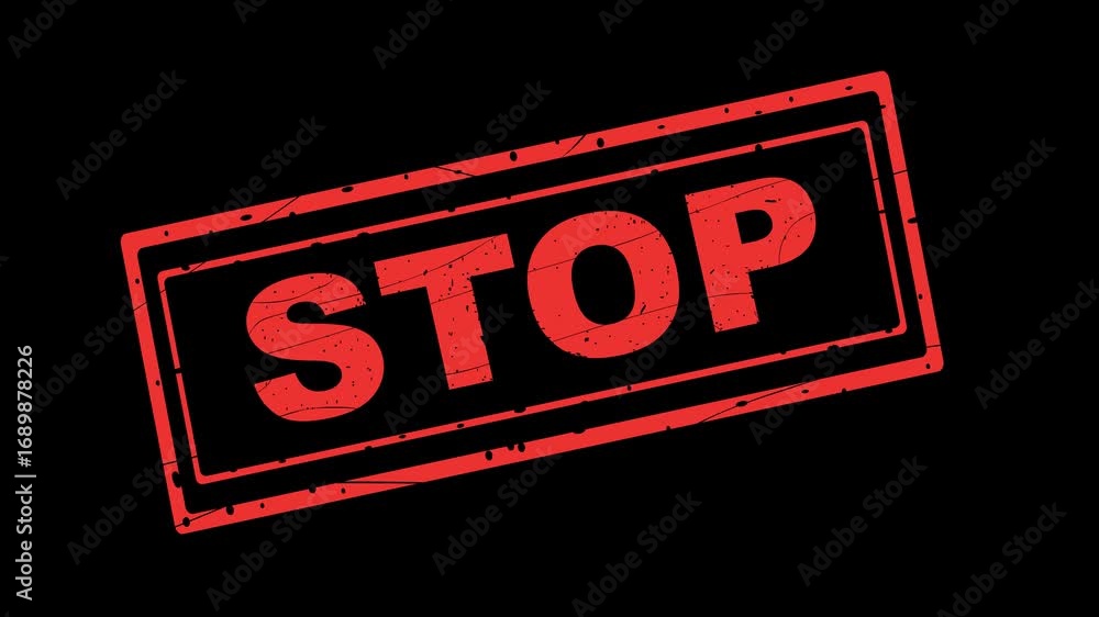 Poster video animation red rubber stamp stop text, on a transparent background with alpha channel set to ze