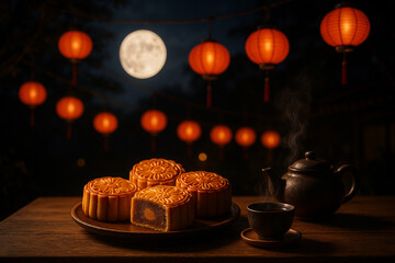 Obraz premium Collection of mooncakes with hanging lanterns evoking celebration joy. Moon cake festival concept
