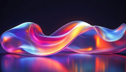 Colorful fluid wave shape with smooth, translucent surface glowing in neon pink, orange, blue, and purple on reflective dark background, conveying energy and motion