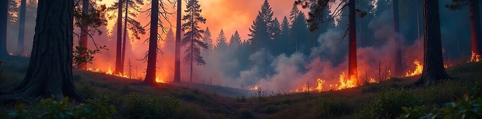 Fototapeta premium Controlled burn in a forest clearing, smoke rising amidst towering trees Flames lick at the undergrowth, creating a dramatic yet safe scene of forest management , ecological, vegetation
