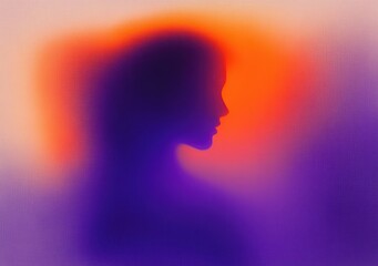 Abstract silhouette of a woman's profile surrounded by vibrant gradient colors blending orange and purple hues, creating a mysterious and serene mood